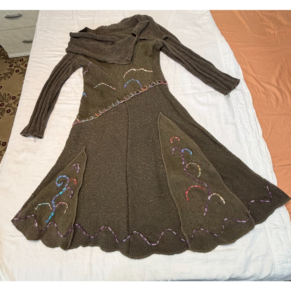 Y2K Midi embroidered sweater dress Ruffle Whimsy goth Lagenlook Art Brown Sz S/M - Picture 3 of 14
